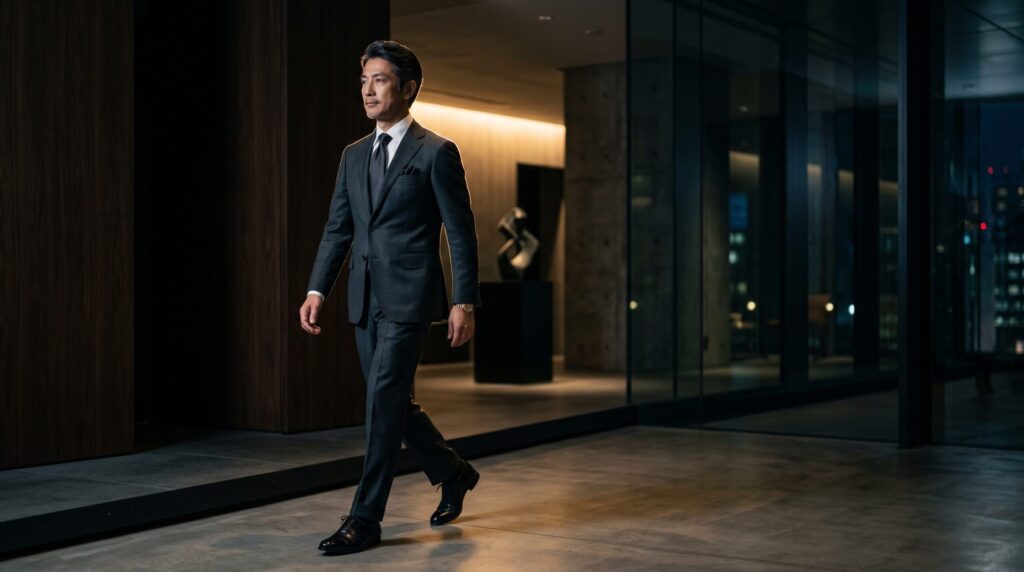 優雅に歩くスーツ姿の男性