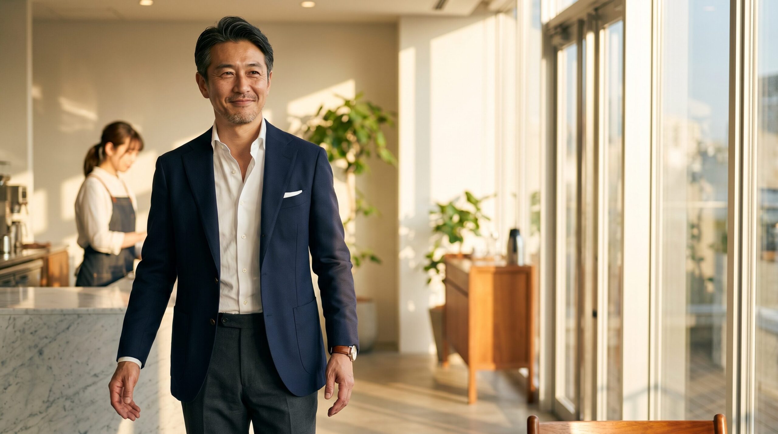 女性の近くでも嫌がられない品ある40代男性のイメージ（高画質）