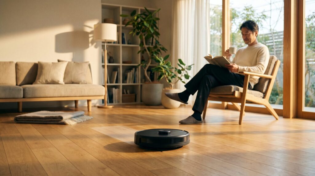 モダンリビングを稼働するロボット掃除機と読書する男性（高画質）