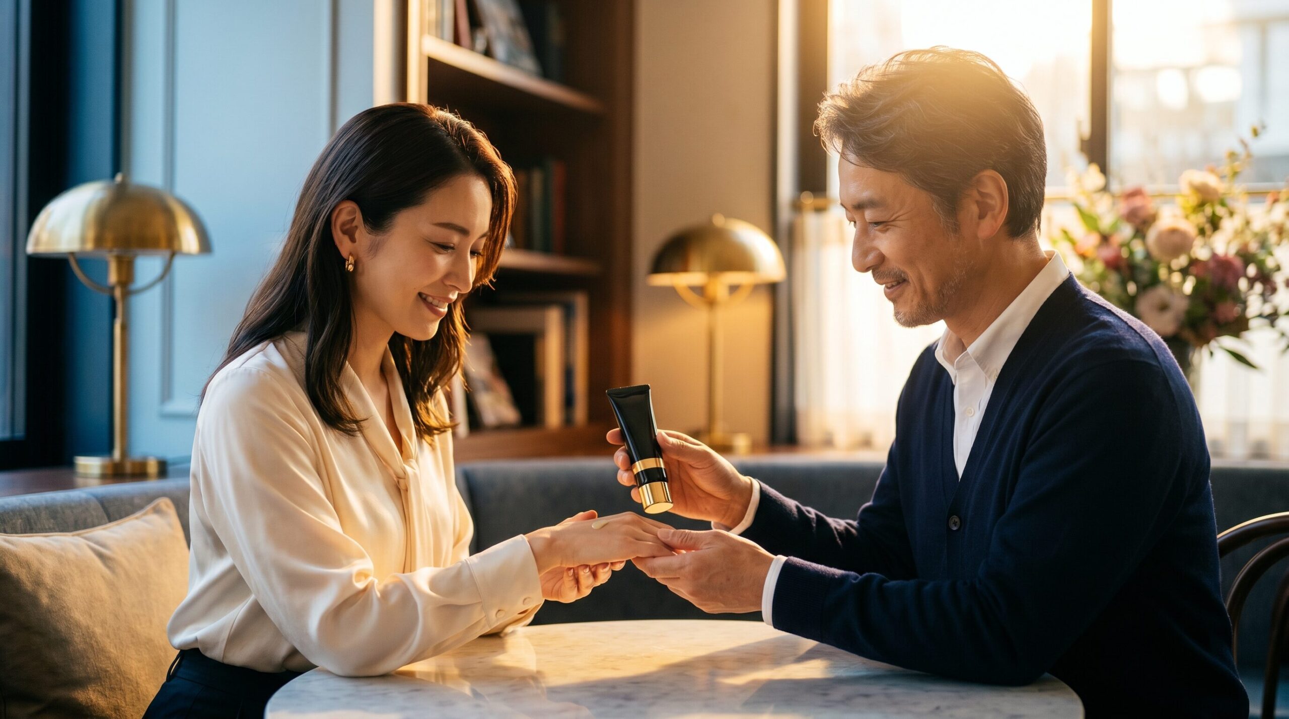 カフェで男女が高級ハンドクリームを手渡しする親密な瞬間（高画質）