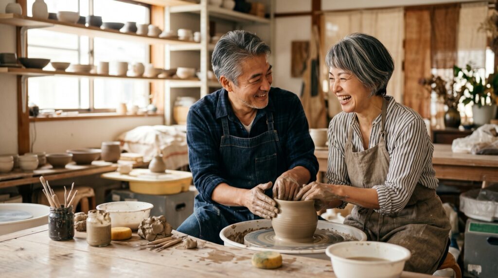 陶芸教室でろくろを回しながら自然に笑い合う50代の日本人男性と女性