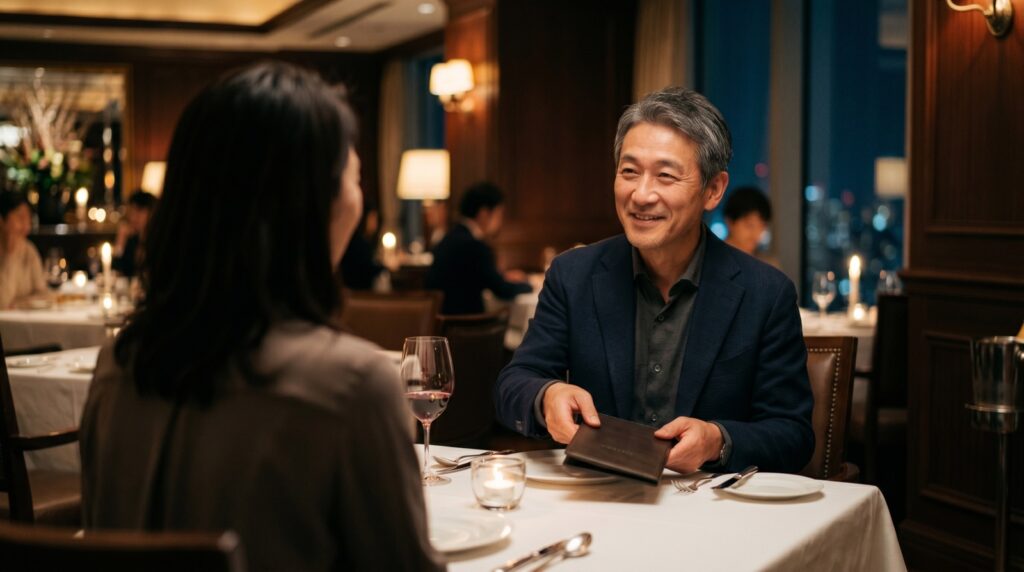 夜の上品なレストランで会計伝票をさりげなく手に取り微笑む50代の日本人男性