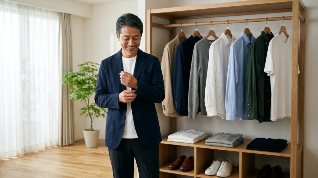 整理されたミニマルなクローゼットの前で、ネイビージャケットの袖口を整える50代の日本人男性