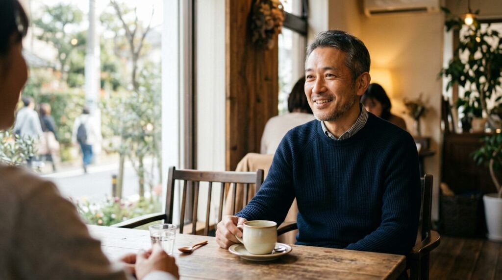 カフェの窓際で余裕のある姿勢のまま、自然な笑顔で相手の話に耳を傾ける50代の日本人男性