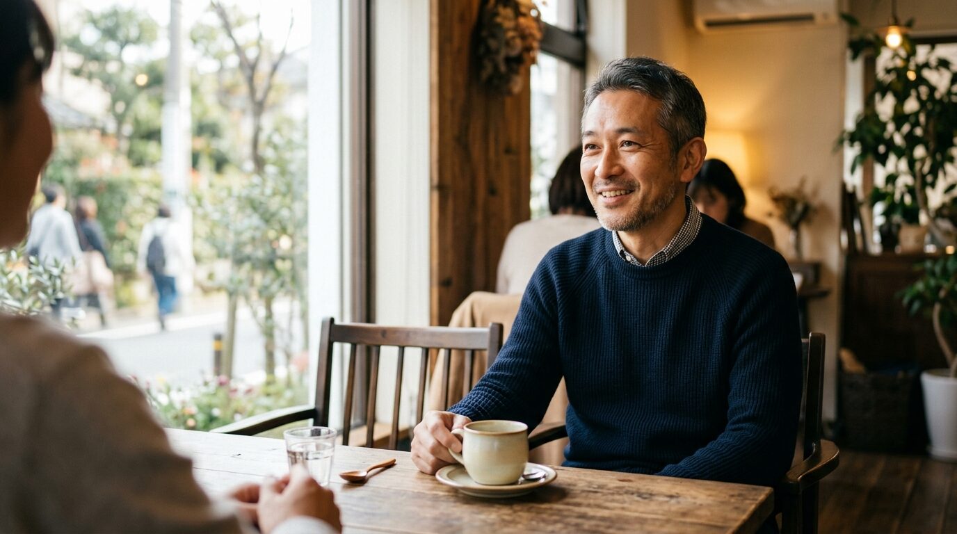 カフェの窓際で余裕のある姿勢のまま、自然な笑顔で相手の話に耳を傾ける50代の日本人男性