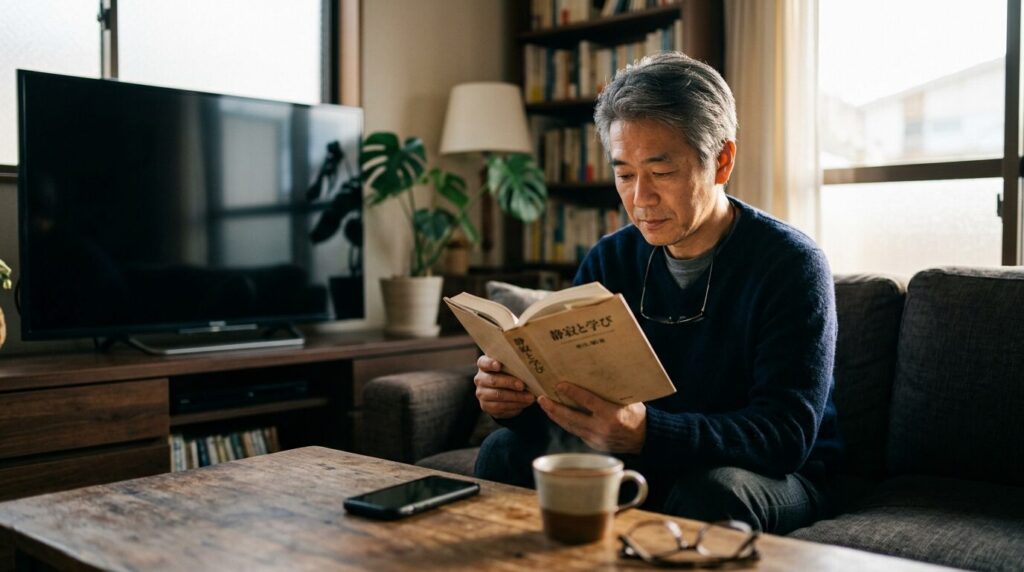 消えたテレビを背に、スマートフォンを伏せて置き、静かに読書する50代の日本人男性