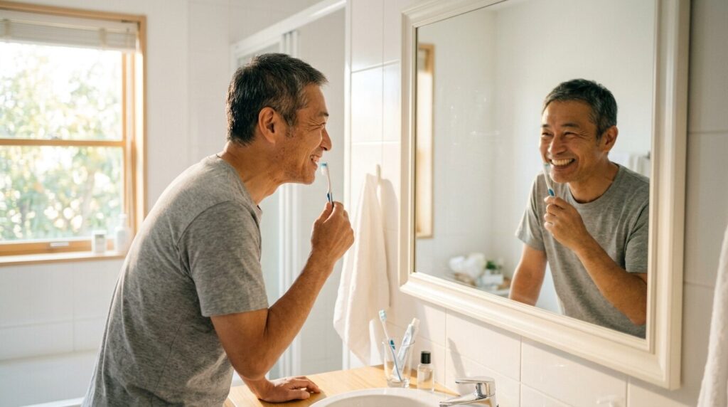 洗面所の鏡の前で歯ブラシを手に、笑顔の練習をする50代の日本人男性