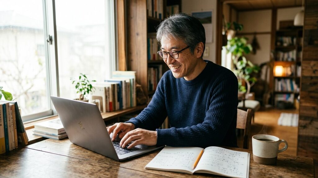 ノートパソコンに向かい、メモを取りながら楽しそうに新しいスキルを学ぶ50代の日本人男性