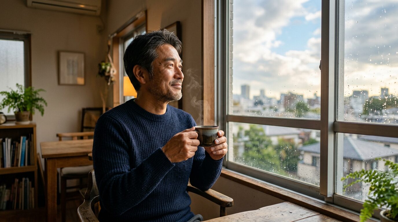 雨上がりの窓辺で、湯気の立つコーヒーを手に穏やかに外を眺める50代の日本人男性