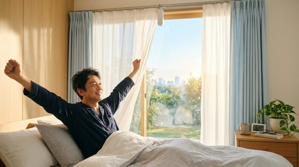 朝日が差し込む寝室で、自動で開いたカーテンの光を浴びて伸びをする50代男性