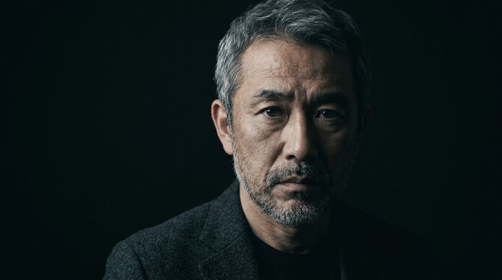 黒い背景の中、片側からの光に照らされて険しい表情でこちらを見つめる50代の日本人男性