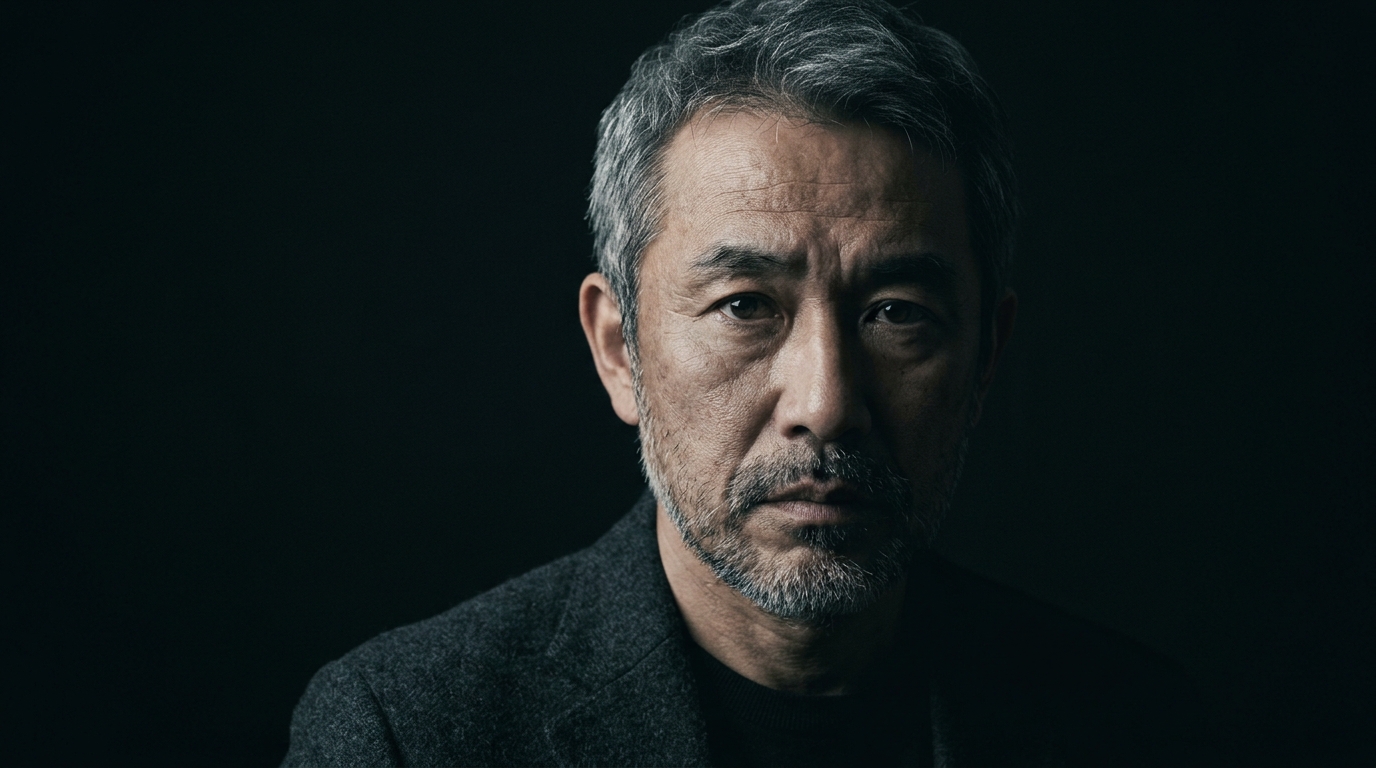 黒い背景の中、片側からの光に照らされて険しい表情でこちらを見つめる50代の日本人男性