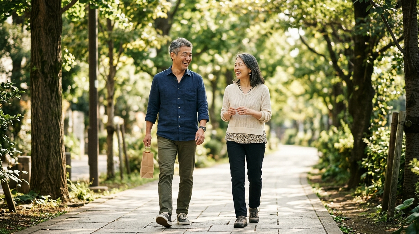 木漏れ日の並木道を、お土産の紙袋を持って笑顔で並んで歩く50代の男女