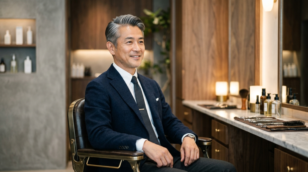 上質な理容室で、短く整えた清潔感のある髪型に仕上がった50代の日本人男性