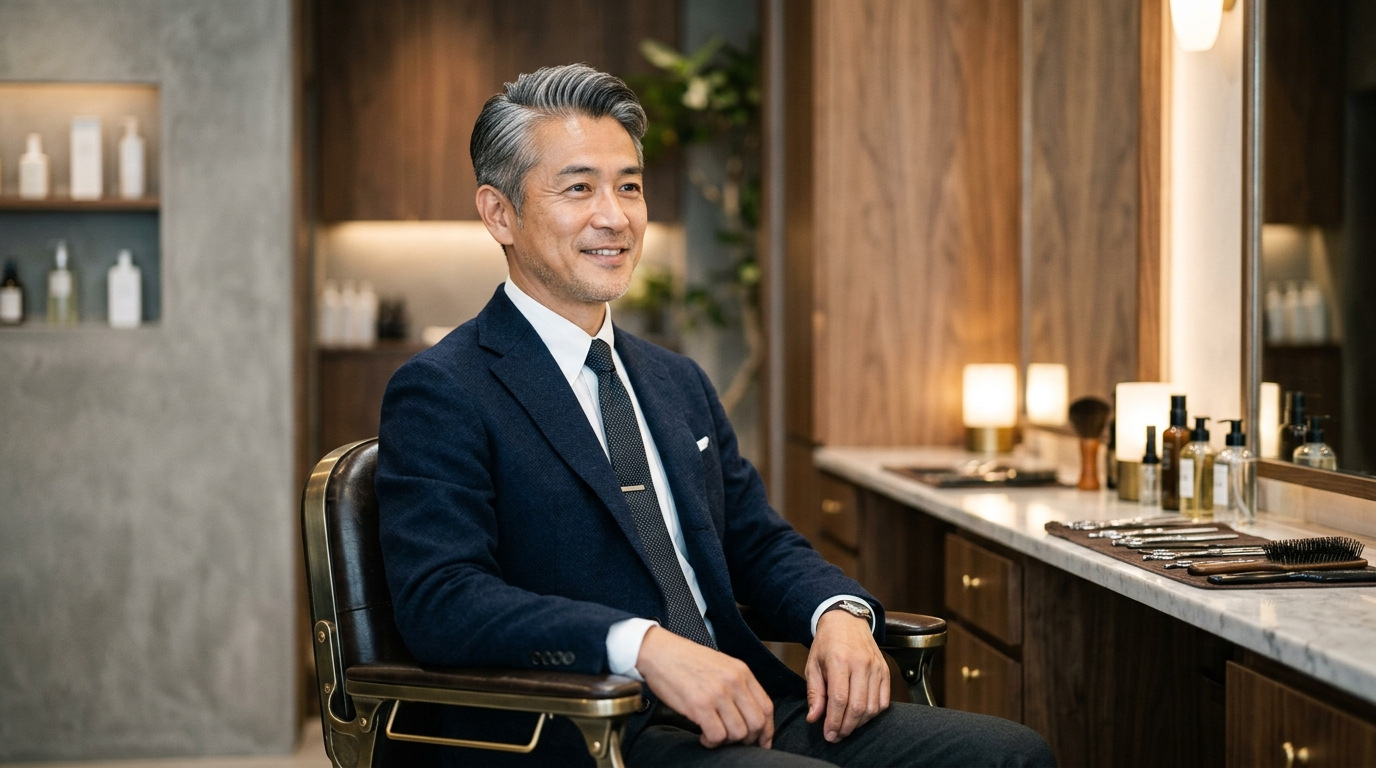 上質な理容室で、短く整えた清潔感のある髪型に仕上がった50代の日本人男性