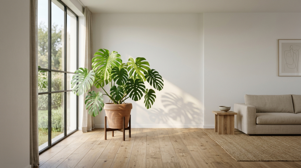 物の少ないミニマルな部屋の窓辺に置かれた、大きなモンステラの観葉植物