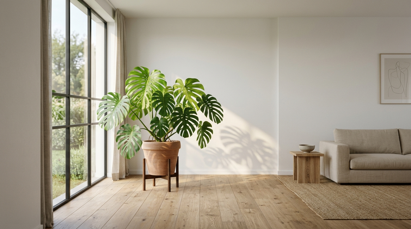 物の少ないミニマルな部屋の窓辺に置かれた、大きなモンステラの観葉植物