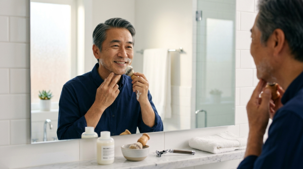 白を基調とした清潔な洗面所で、鏡に向かって身だしなみを整える50代の日本人男性