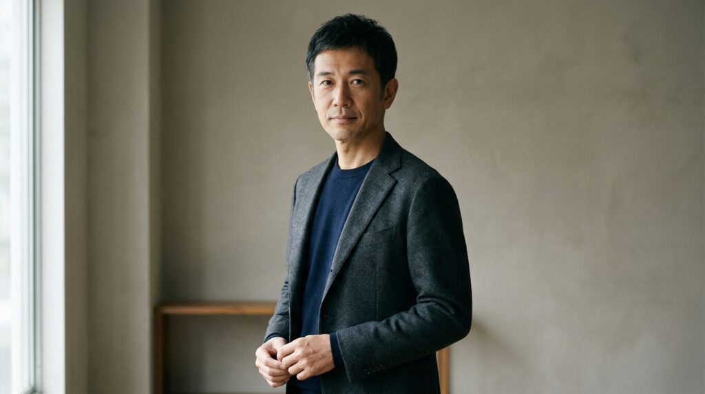無地の紺のニットに無地のチャコールのジャケットを合わせた50代の男性