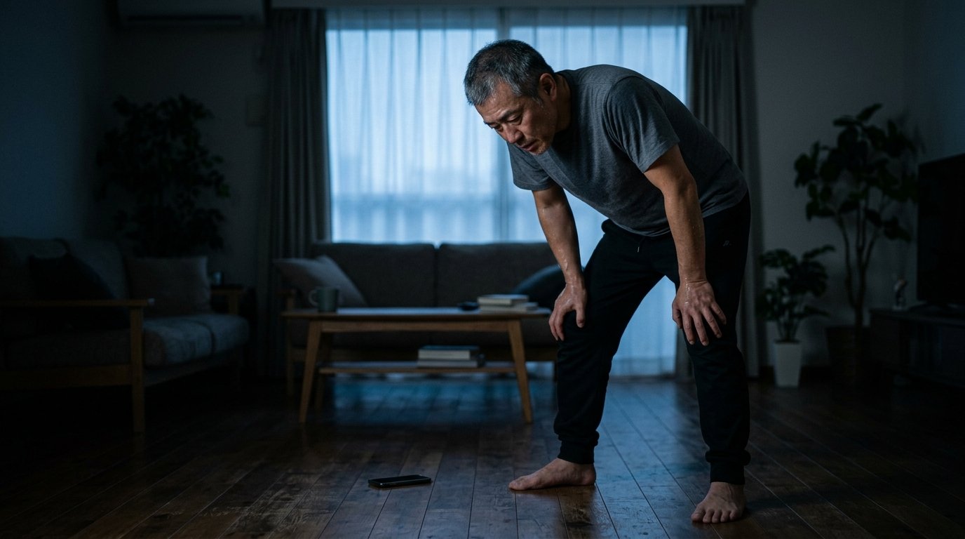 夜明け前の薄暗いリビングで、バーピーを終えて膝に手をつき息を整える50代の男性