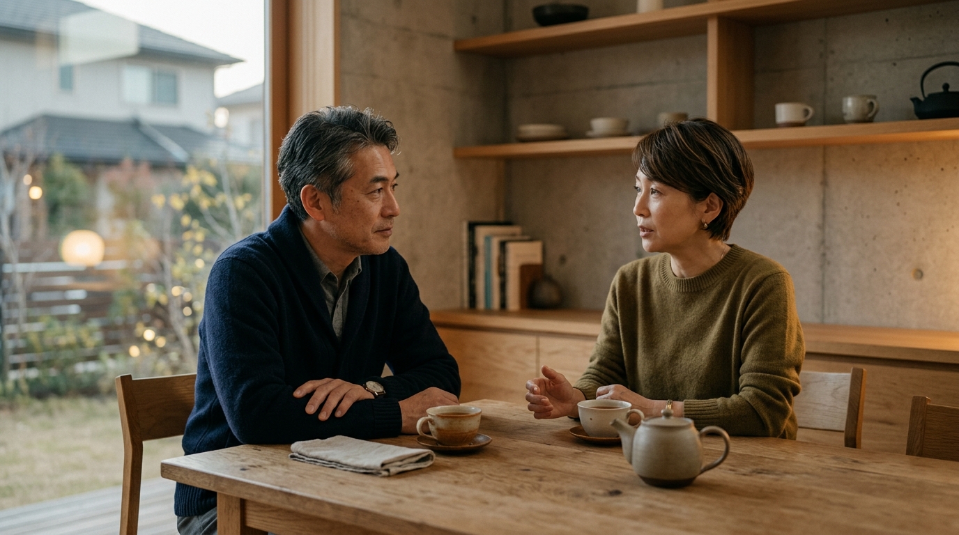 庭に面したダイニングテーブルで、お茶を前に静かに向き合って話し合う50代の日本人夫婦