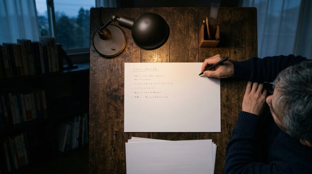 夜明け前の書斎で、横向きに置いたA4の紙に横書きの箇条書きを書き込む男性の手元
