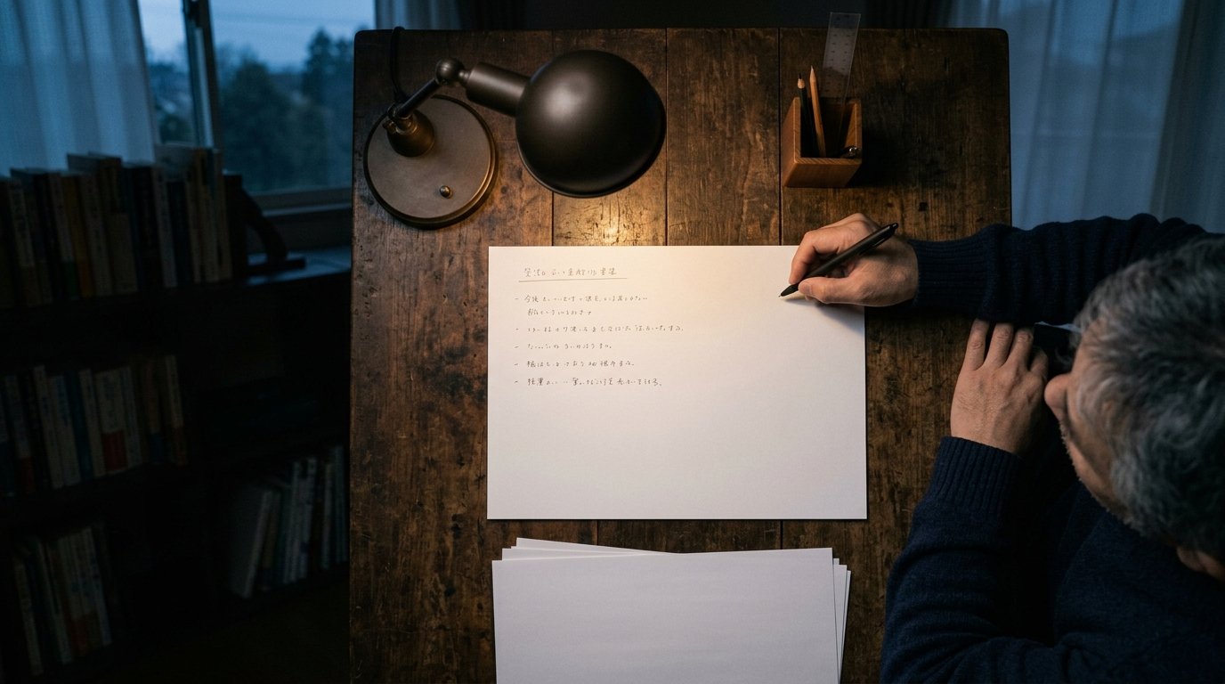 夜明け前の書斎で、横向きに置いたA4の紙に横書きの箇条書きを書き込む男性の手元